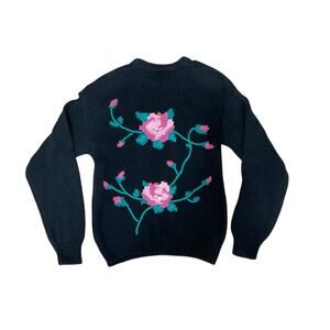 VTG Roses Cotton Knit Pullover Sweater Front Pockets Size Large Shoulder Pads